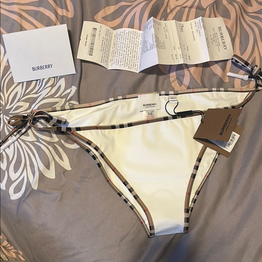 Burberry Cream Bikini Bottom with Check Trim